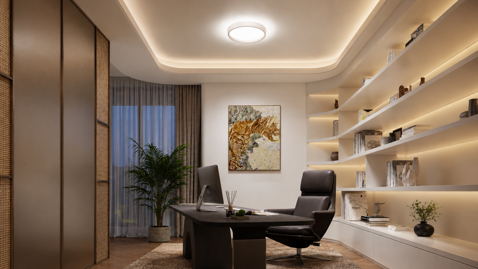 Govee Sky Ceiling Light instalované v moderní pracovně