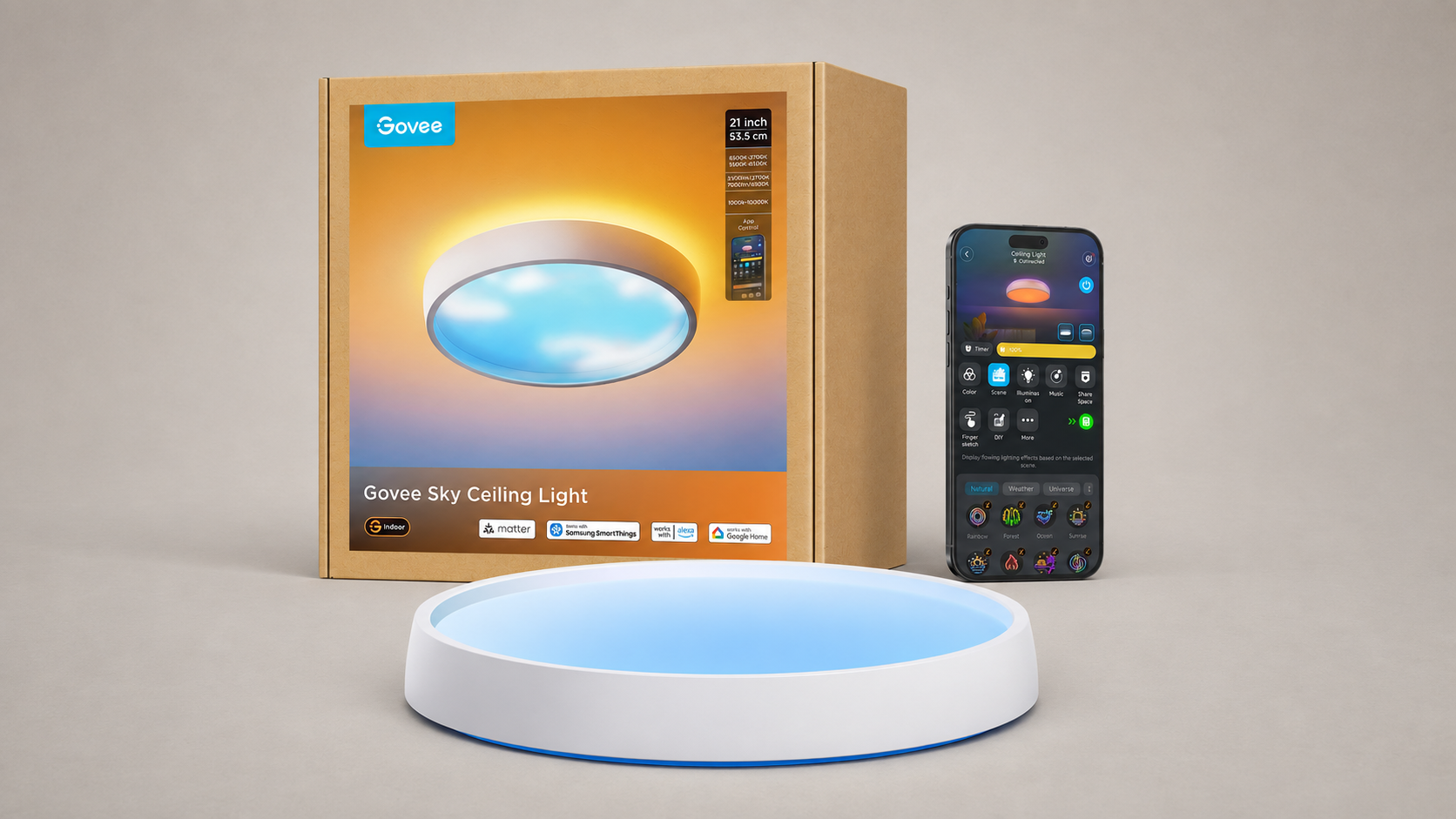 Govee Sky Ceiling Light s originálním balením a aplikací Govee Home