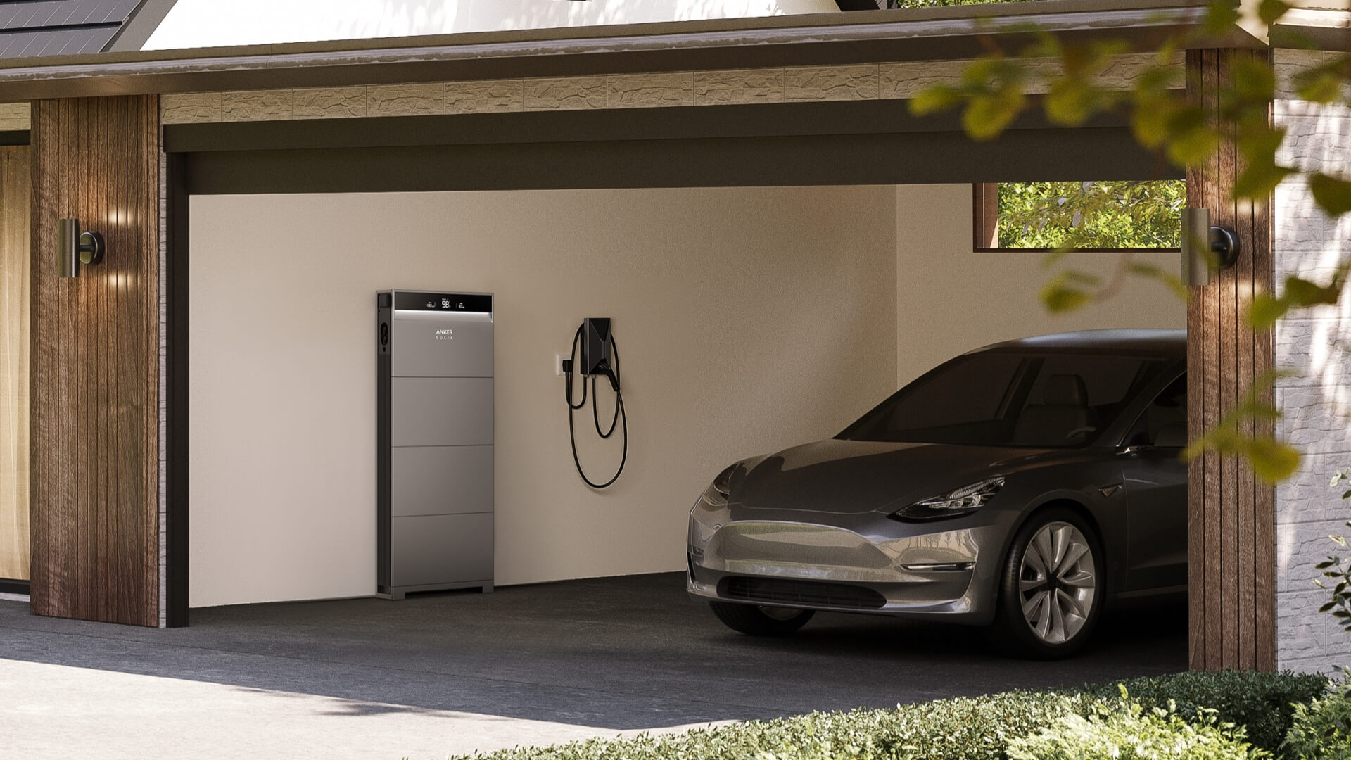 Homey a domácí baterie Anker SOLIX Domácí baterie Anker SOLIX vedle nabíječky elektromobilu