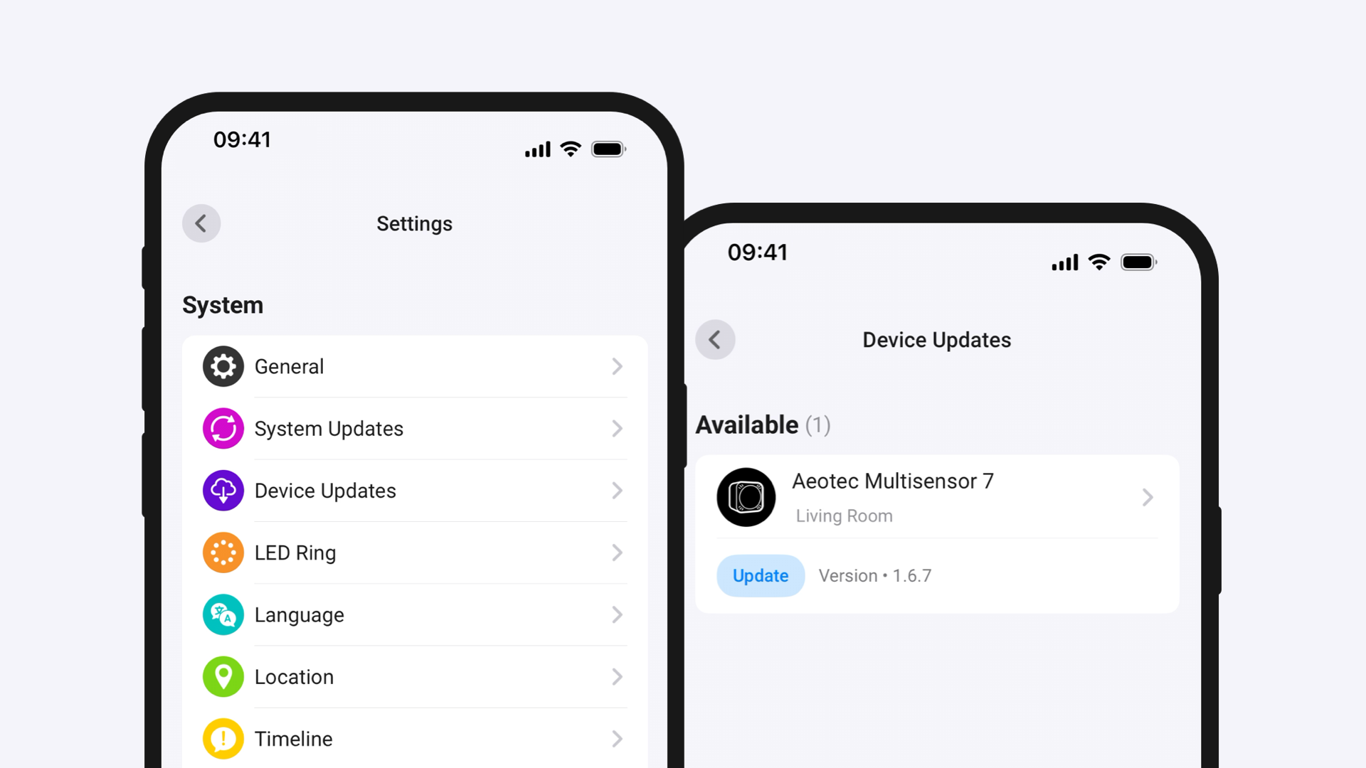 Homey Device Updates pro zařízení Matter, Zigbee a Z-Wave Aktualizace zařízení v aplikaci Homey s dostupným firmwarem pro Aeotec Multisensor 7