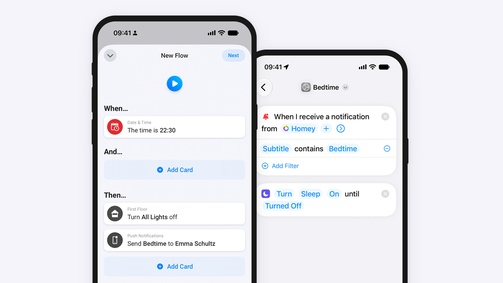 Homey Flow a Zkratky na iPhonu Oficiální ukázka propojení Homey Flow a automatizace Spánek v aplikaci Zkratky na iPhonu